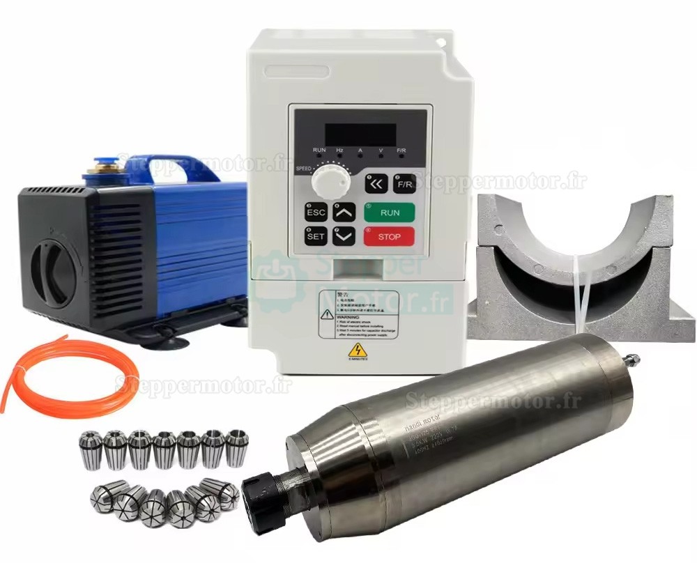 5,5kW 220V/380V Kit moteur de broche refroidi par eau JGD-125-ER32 + H100-5.5 avec variateur de fr&eacute;quence et pompe &agrave; eau et 13 pi&egrave;ces pinces ER25 et support